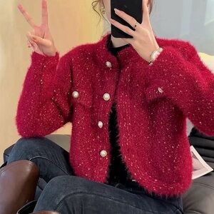 Holiday Red Fuzzy Button-Front Cardigan